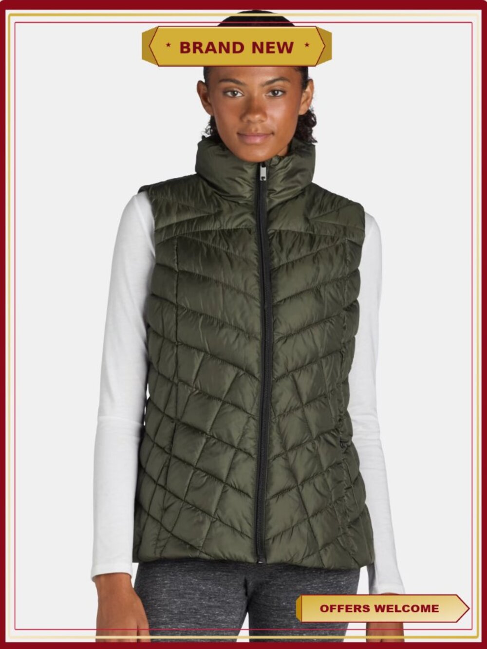 Womens Chevron Quilted Puffer Vest Midweight Water Resistant Zip Pockets